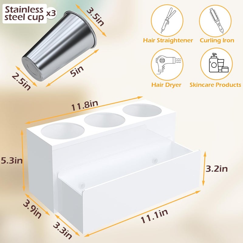 PITBVO Hair Tool Organizer, Acrylic Hot Hair Styling Tool Organizer with 3 Cups, Hair Dryer Holder for Bathroom Organization Bedroom Vanity Countertop Caddy Storage Curling Iron Stand (Glossy White) - Image 4